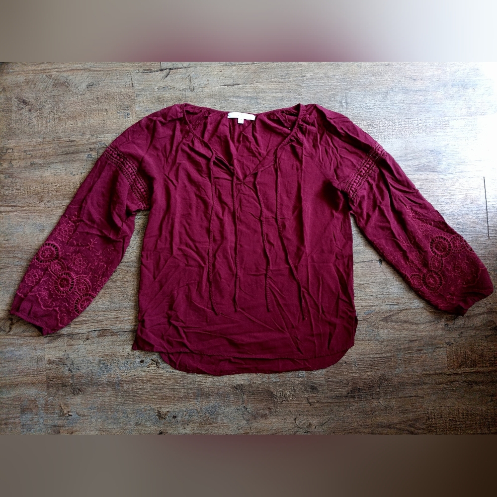 Fever Burgundy Blouse with Lace Sleeves Size M